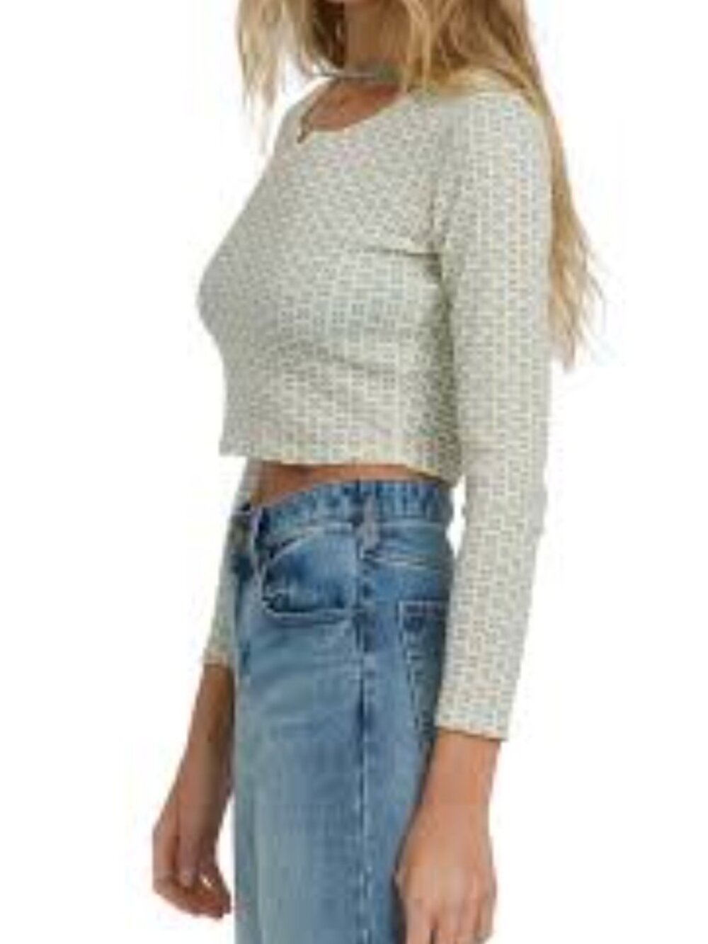 Billabong Cream Long-Sleeve Ribbed Top with Blue Micro Print Size L NWT
